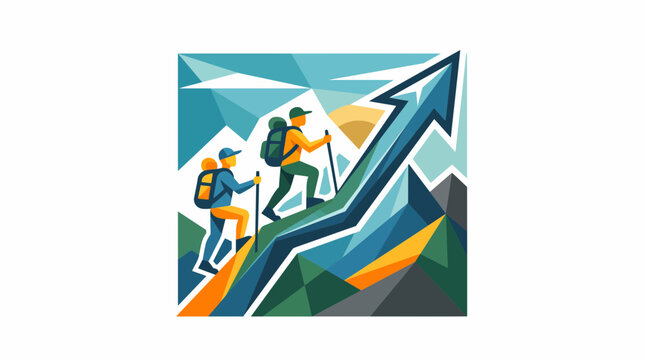 Hikers climbing up mountain with growth arrow symbol