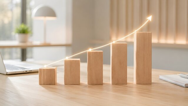 Business growth and success concept with ascending wooden block chart and glowing upward arrow on desk