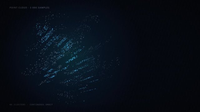 Point cloud data visualization, abstract digital particle cluster on dark background, futuristic technology concept for big data analysis