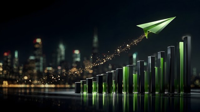 Urban corporate business growth and stock market rise with green paper airplane flying over city skyline
