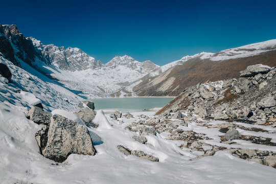 Remote Glacial Lake Nestled in Snowy Himalayan Valley