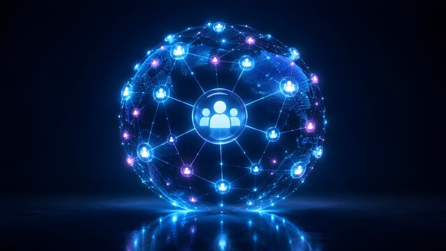 Global digital network connection concept with glowing blue earth sphere and human avatar icons