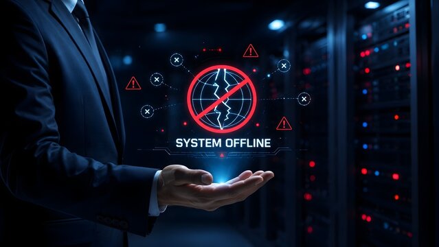 Data center server failure and cyber attack concept with businessman holding glowing red system offline warning
