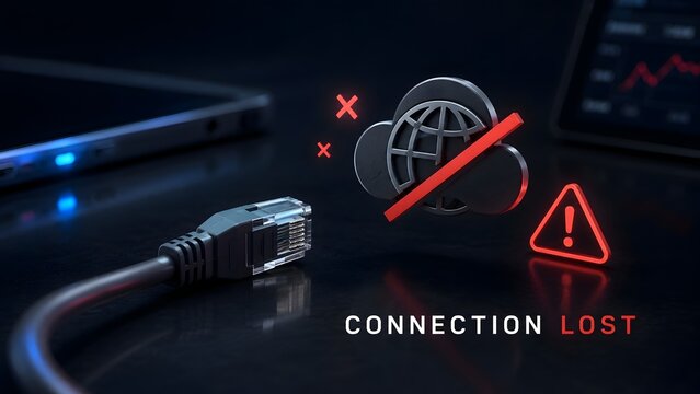 Unplugged ethernet cable with glowing connection lost warning and offline cloud icon representing network error and server outage