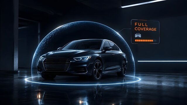 Sleek modern car parked inside a glowing blue protective energy dome with a digital full coverage insurance interface
