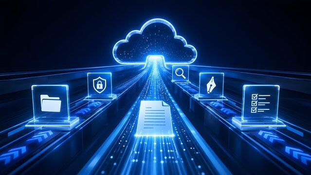 High speed digital data stream transferring glowing document icons into a secure cloud computing network server