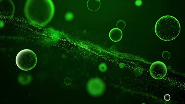 Emerald green bioluminescent bubbles floating through abstract aquatic currents in cinematic motion