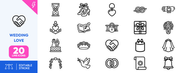 Nuptial celebration set. handshake, rings, cake, bouquet, heart, wedding dress, gift, knot, anchor, hourglass, book, lock, bell, arch, flower, champagne, ribbon. Editable stroke. Vector illustration.