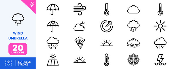 Obraz premium Atmospheric weather set. umbrella, rain, snowflake, lightning, thermometer, gust, tornado, sun, fog, cloud, precipitation, climate, education, app, design. Editable stroke. Vector illustration.