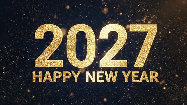 Golden 2027 Happy New Year text with sparkling explosion