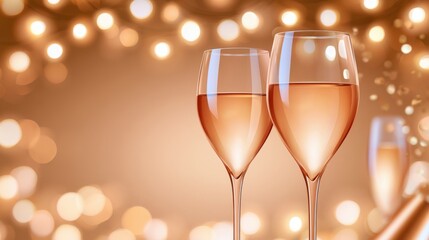 Obraz premium Two champagne glasses with rose wine against warm blurred string lights for cozy celebration