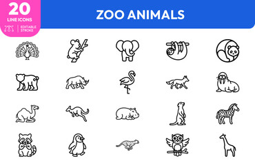 Fototapeta premium Wildlife creatures set. peacock, elephant, monkey, zebra, lion, rhinoceros, flamingo, fox, camel, kangaroo, raccoon, penguin, owl, giraffe, and hippopotamus. Editable stroke. Vector illustration.