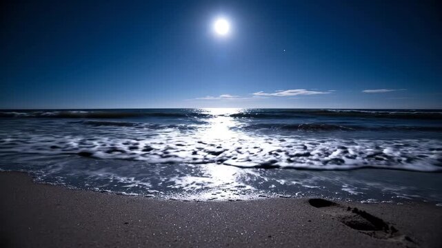 A serene night scene featuring a bright full moon over the calm ocean waves hitting the sandy beach.