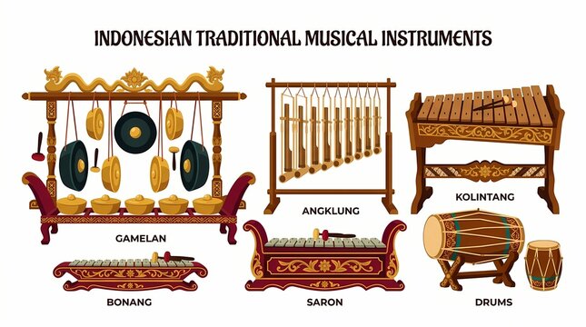 A vibrant illustration showcasing a collection of traditional Indonesian musical instruments, including Gamelan, Angklung, Kolintang, Bonang, Saron, and various drums, set against a clean white backg.