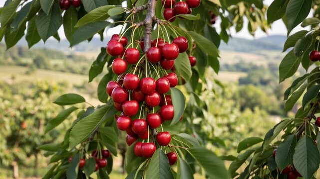Bunch of bright red ripe cherries hanging from a leafy cherry tree branch, peaceful summer orchard landscape, 4K video