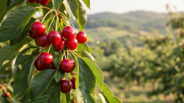 Bunch of bright red ripe cherries hanging from a leafy cherry tree branch, peaceful summer orchard landscape, 4K video