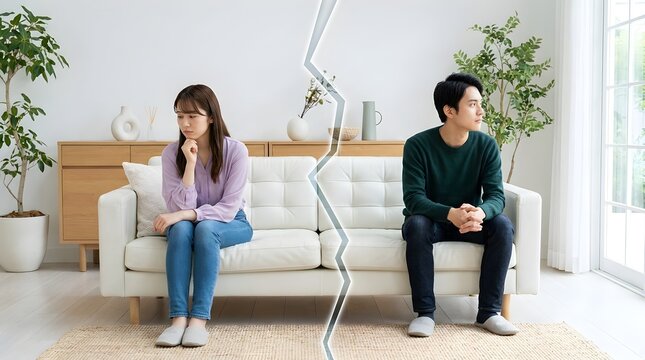 Disappointed young couple sitting apart on white sofa experiencing relationship problems and difficult emotional distance issues