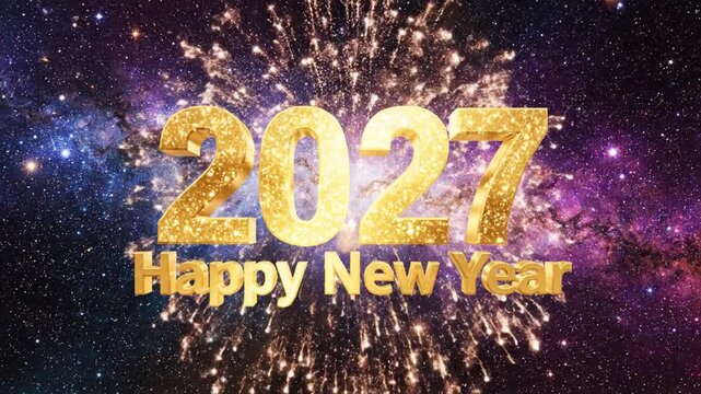 Golden 2027 New Year text on cosmic background with fireworks