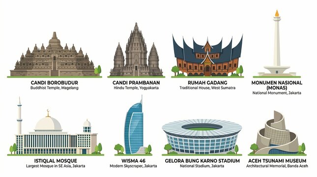 A vibrant collection of iconic Indonesian landmarks and cultural heritage sites, showcasing the rich history and diverse architecture of the archipelago.
