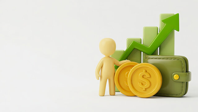 3D human character standing beside giant gold dollar coins, a green wallet, and a rising financial growth bar chart arrow