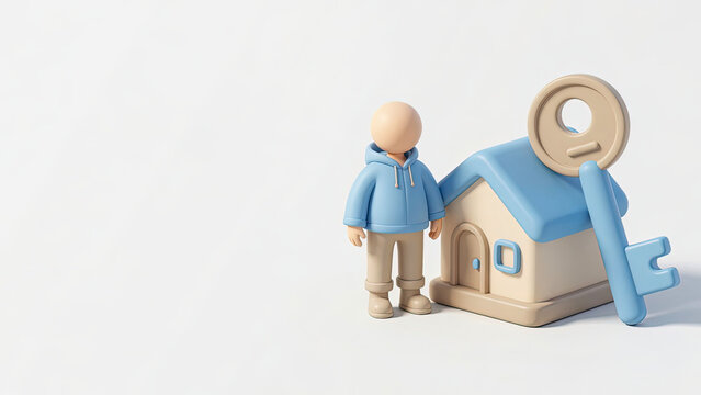 3D character standing next to a model house and a giant key, illustrating real estate buying, mortgage, home insurance, and property ownership concepts