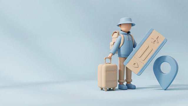 3D traveler character with backpack, suitcase, flight boarding pass ticket, and location pin icon, representing vacation, travel booking, and tourism