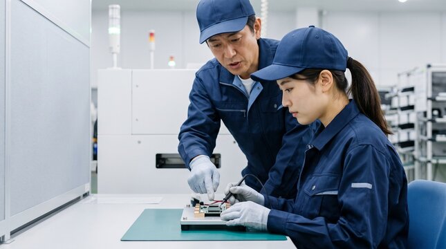 精密機器製造現場で先輩社員から電子基板の検査や組込指導を受ける日本人女性の製造技術者