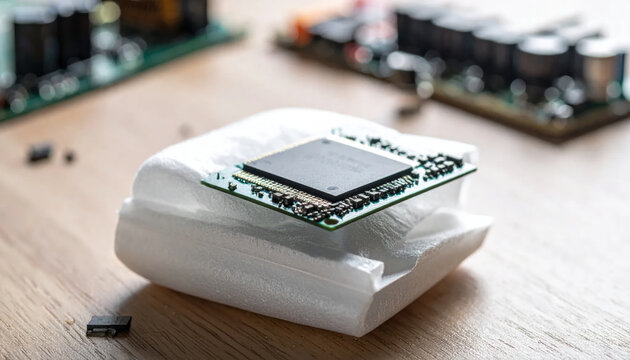 Computer processor chip resting on protective packaging for secure transport