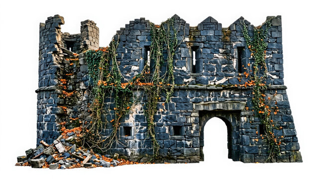 Ancient stone castle ruins with crumbling walls and climbing ivy isolated on a generated using ai