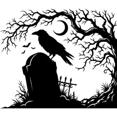 Obraz premium Spooky Halloween raven silhouette on tombstone. Gothic graveyard scene with gnarled trees and crescent moon. Dark cemetery vector illustration.
