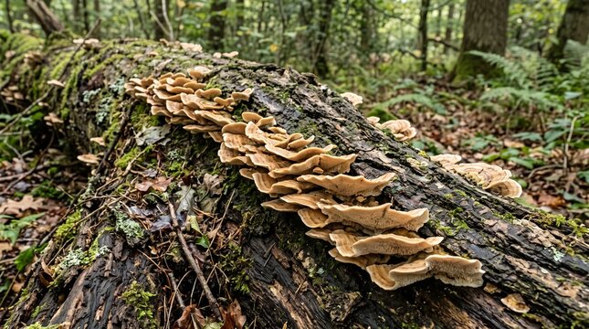 Close-up of shelf fungi growing in rows on mossy fallen tree trunk, lush green forest background, detailed texture of bark and mushrooms, natural lighting, earthy tones, fallen leaves on forest floor,