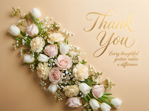 Elegant floral thank you card with beautiful white tulips and soft pink roses on a beige background