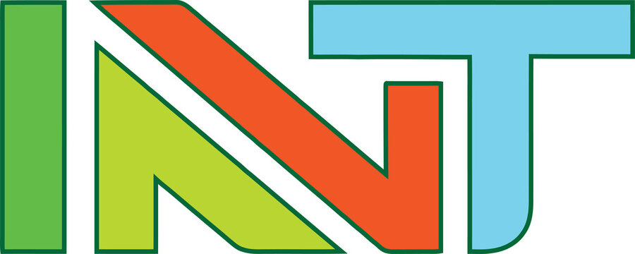 Bold vector graphic featuring colorful "INT" acronym typography, modern geometric letters in green, orange, and blue, and clean edges. Download today!