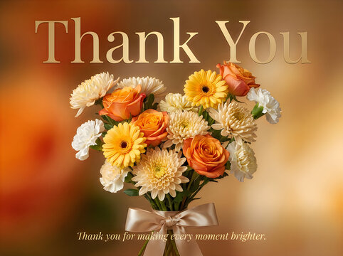 Elegant thank you card featuring a beautiful bouquet of orange and yellow flowers with a decorative ribbon