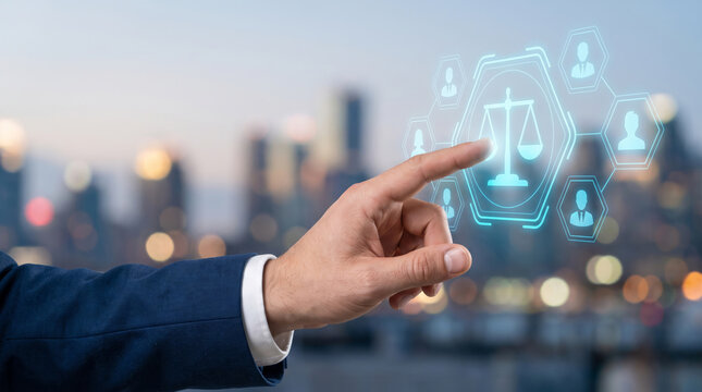 Labor rights protection law justice lawyer touchscreen technology Business hand touch justice icon. legal law justice compliance. workplace employment safety, human management policy contract