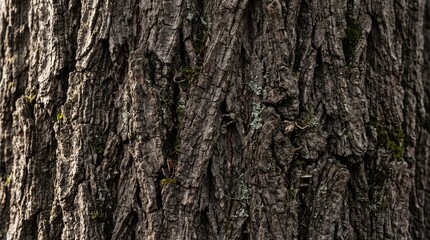 Fototapeta premium Macro photograph of textured tree bark with deep grooves and ridges, patches of moss and lichen growing on surface, natural forest texture, close-up detail of rough brown and gray bark, photorealistic
