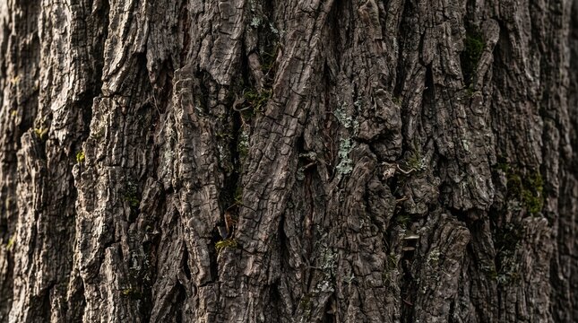Macro photograph of textured tree bark with deep grooves and ridges, patches of moss and lichen growing on surface, natural forest texture, close-up detail of rough brown and gray bark, photorealistic