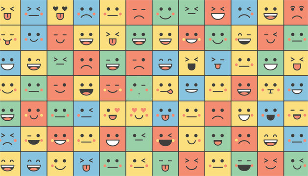 Grid pattern of colorful square emoticon blocks with various cartoon smiley faces expressing different emotions.