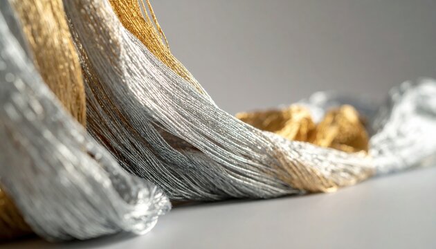 Close-up view of shimmering gold and silver silk threads woven into a luxurious textile texture.