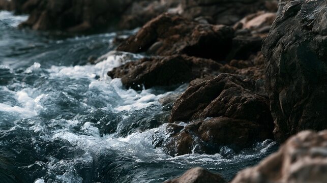 Water crashes against dark textured rocks creating white foam in a natural coastal scene with dramatic lighting