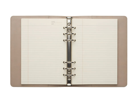 An open beige ring binder with lined paper pages is displayed on a dark background