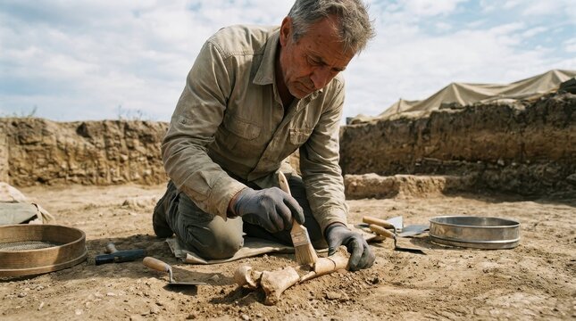 Senior Archaeologist Carefully Cleaning Ancient Bone Fossil at Excavation Dig Site