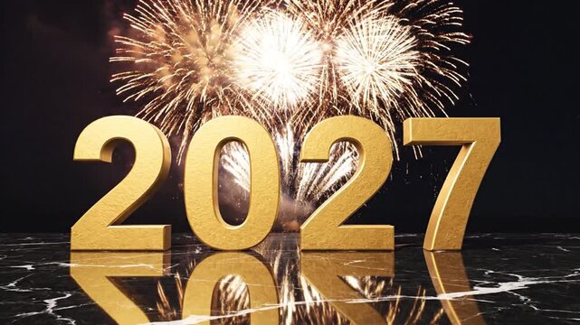 Golden 2027 numbers on marble surface with colorful fireworks