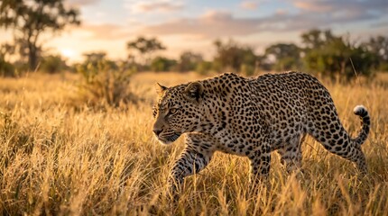 Leopard Moving Silently - Wild leopard moving silently through sunlit grassland, showcasing the beauty, stealth, and natural behavior of one of Africa's most iconic big cats in its wilderness habitat.