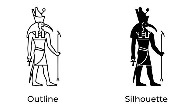 Ancient Egyptian Deity Icon: An outline and silhouette icon depicting an ancient Egyptian god, possibly Thoth, characterized by its ibis head and traditional attire, holding a staff and ankh.