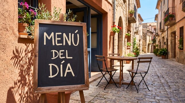 Menu del Dia Board Outside a Quiet Spanish Old Town Restaurant