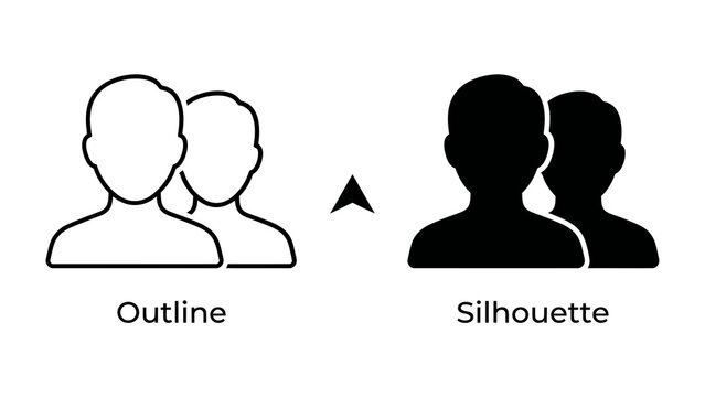 Outline vs Silhouette People Icon: A clear comparison between an outline drawing and a black silhouette of two people, showcasing different graphic representations of human figures.