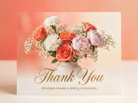 Elegant thank you greeting card featuring a beautiful bouquet of fresh peach roses and white carnations