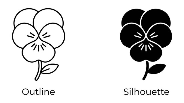 Pansy Flower Icons: A set of graphic icons representing a pansy flower, one in outline and the other as a solid silhouette, perfect for graphic design and decorative purposes.
