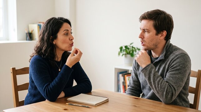 Two Adults Practicing Spoken Spanish Across a Table